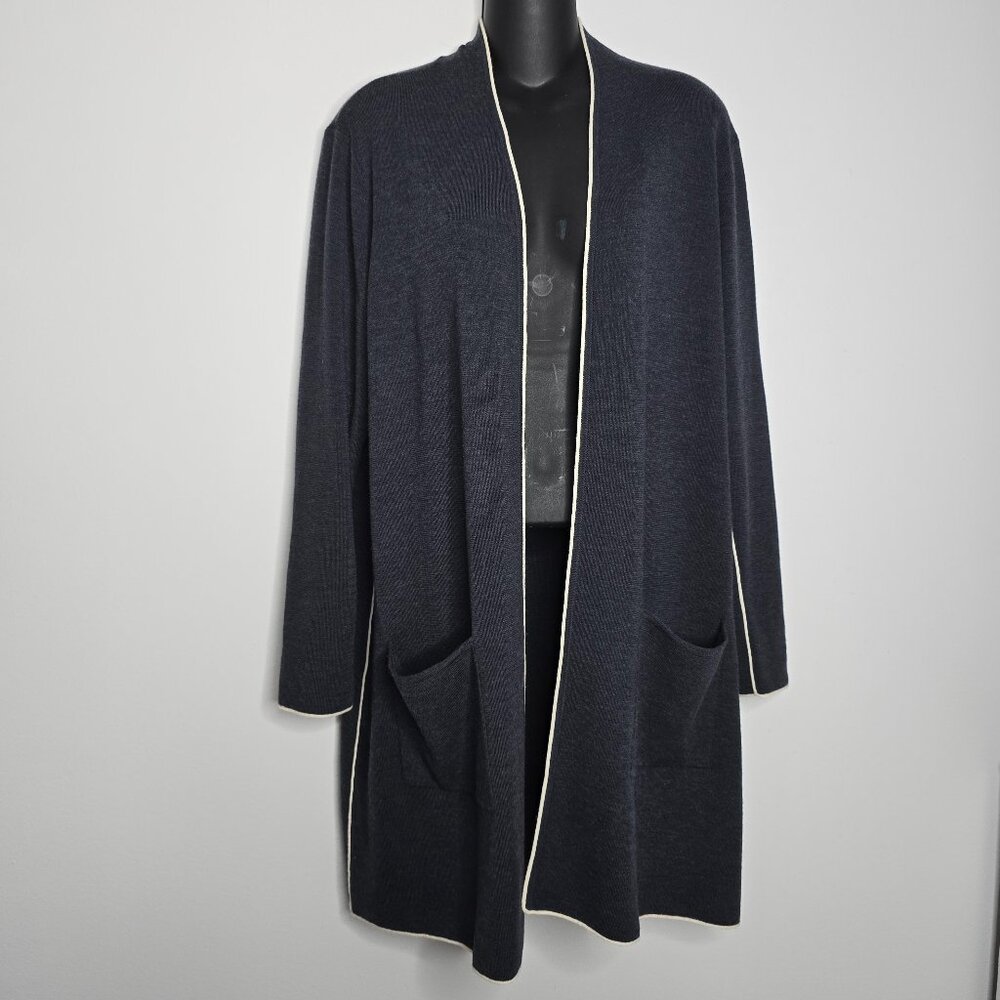 EILEEN FISHER Cardigan Large 100% Extra Fine Merino Wool Open Front Sweater Blue